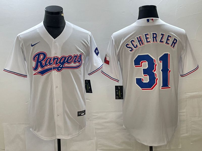Men Texas Rangers 31 Scherzer White Game Nike 2023 MLB Jersey style 1